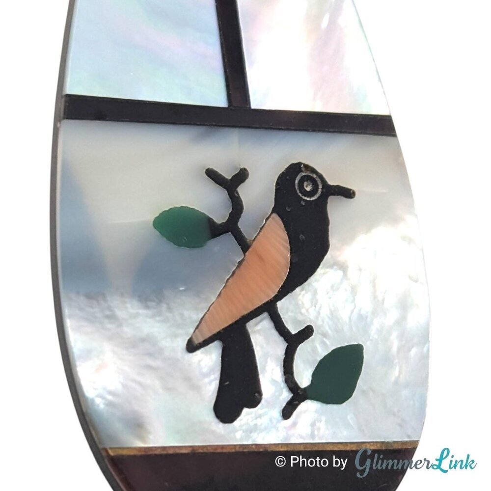 Vintage Bird Inlay Pendant Necklace Aventurine Rose Quartz Onyx Silver Tone - Picture 7 of 15